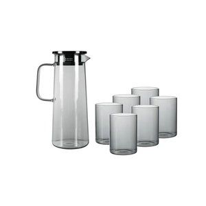 7 Piece Glass Pitcher Set (with Straining Lid, Handle) and 6 Glasses - GRAY